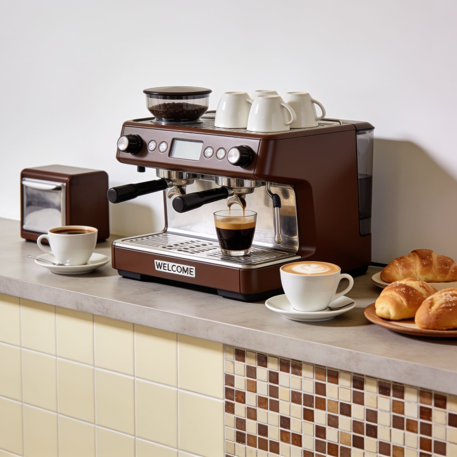 Banco di caffetteria con espresso, cappuccino e brioche